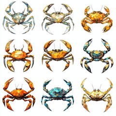 Geometric Crabs Collection: Nine vibrant, geometrically designed crabs in various colors, arranged in a grid pattern, creating a striking and modern visual.  