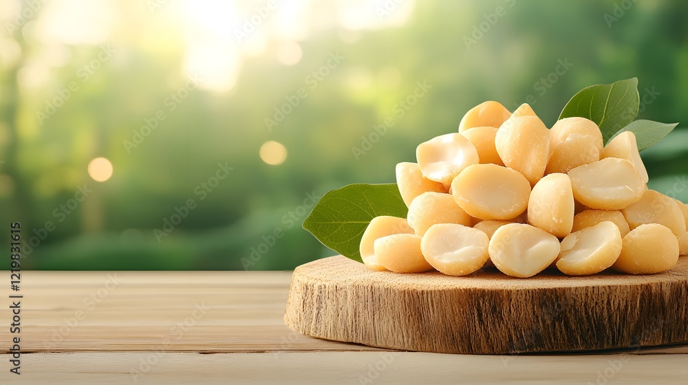Poster freshly shelled macadamia nuts displayed on a rustic wooden surface with soft green background, perf