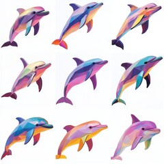 Naklejka premium Geometric Dolphins Collection: A vibrant collection of nine low-poly dolphins in various colors and poses. Perfect for adding a playful and modern touch to your designs.