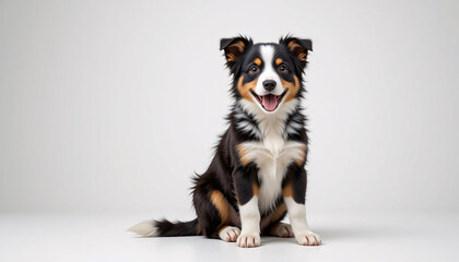 A detailed full-body depiction of a Border Collie puppy sitting down on a clean, simple background, fluffy fur, intelligent eyes, playful, black and white markings, adorable, cute, charming, dog