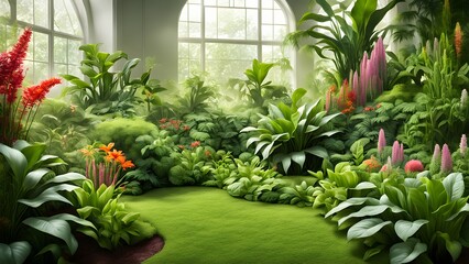 Lush, vibrant tropical plants thrive in a sunlit conservatory, creating a serene and inviting indoor garden scene.