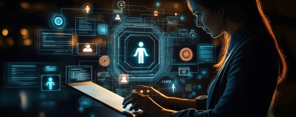 Person uses digital tablet for human resources, digital online recruitment. Screens show candidate data, job offers, HR management software. Modern recruitment tech aids in team building, employee