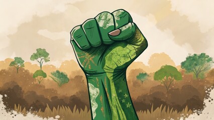 Green Fist Nature's Rebellion - Digital Painting, Watercolor Style, Environmental Activism Environmentalism, Climate Change