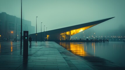 Obraz premium Modern building,person walking in misty city by water.
