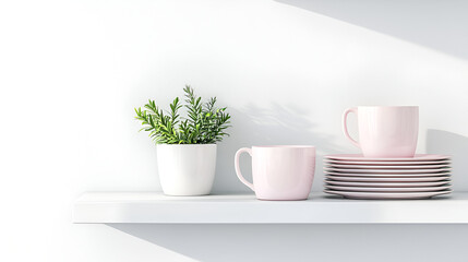 Obraz premium Pink mugs and plates on a white shelf with a small potted plant. Minimalist kitchen decor.