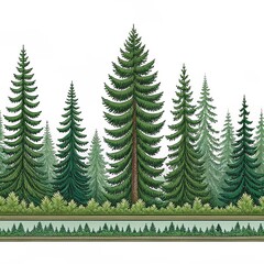 Hand-drawn Evergreen Forest Border Detailed Illustration of Pine Trees, Green Hues, Ornate Frame, Nature Concept, Digital Art Evergreen, Forest