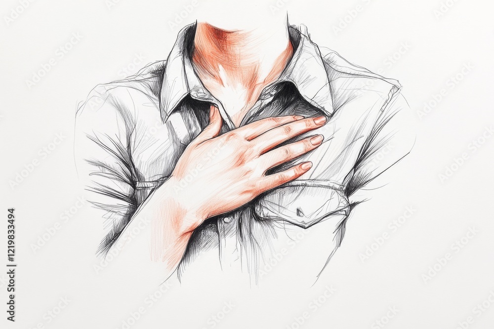 Poster a flat 2d drawing of a person placing their hand on their chest, their expression downcast and their
