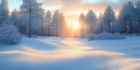 Fototapeta premium Winter wonderland scene shows sunbeams through snowy forest. Trees covered in frost. Snow-covered ground looks calm, peaceful. Beautiful winter landscape. Tranquil morning. Ideal for winter holidays,