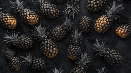 A colorful fruit wallpaper showcasing a plethora of ripe pineapples, viewed from above. This horizontal banner is designed to look like a professional photo of tropical fruits.