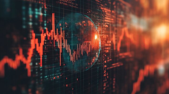 A dynamic and digitally-animated financial graph showing fluctuating trends, set against a networked global backdrop with vibrant red and blue color schemes.