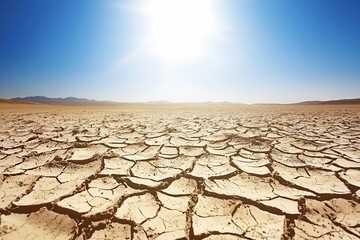 A drought affecting agricultural fields, with parched soil and withered crops under a cloudless sky. 
