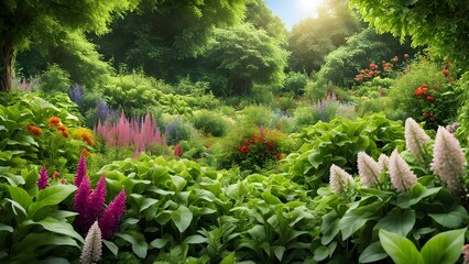 Lush, vibrant garden scene with a diverse array of colorful flowering plants and lush green foliage bathed in sunlight.