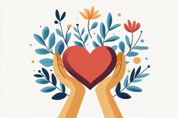 A flat design of two hands holding a heart, drawn with bold, simple shapes and warm, inviting colors