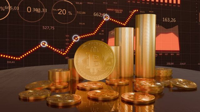 Dynamic representation of cryptocurrency investment Bitcoin coins and charts