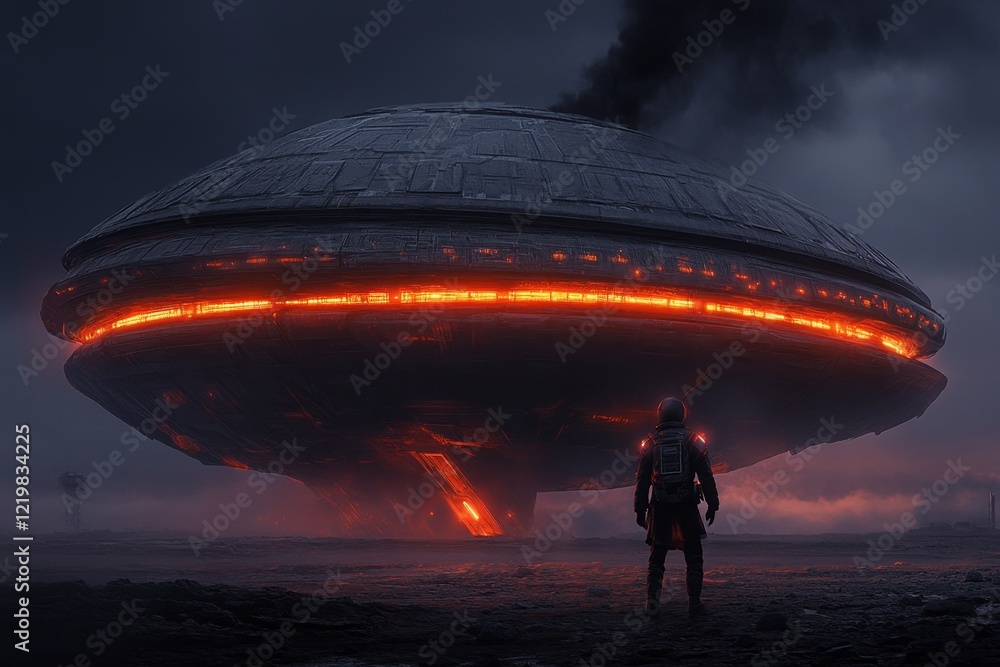 Aufkleber a futuristic scene of a space explorer staring in shock at a massive alien structure glowing with ne