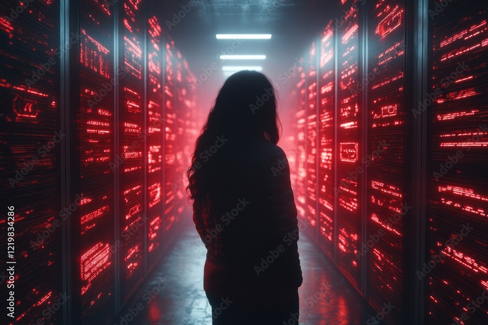 Aufkleber A futuristic setting where a person stands in the middle of a room filled with holographic screens displaying complex data, their confused expression highlighted by glowing lights