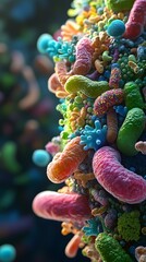 Fototapeta premium Intricate Neon Depiction of Gut Microbiota Showcasing Vibrant Colors and Microscopic Precision Picture