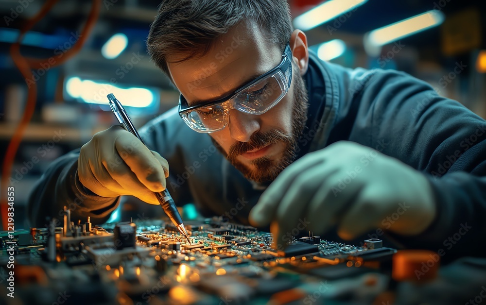 Poster skilled technician working on a circuit board in a hightech environment