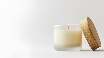 Scented candle in frosted glass jar with a wooden lid. Perfect for relaxation and creating a calming atmosphere.