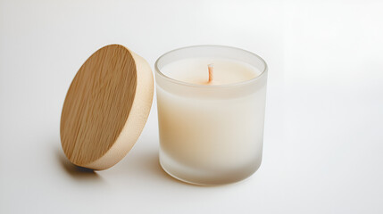 A creamy-colored candle in a frosted glass jar with a light wood lid, sits on a white background.