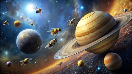 Bees in space Cosmos Solar system Universe Infinity Galaxies Stars Planets Earth Moon Sun Backgrounds for advertising Texture editor Picture marketing Image business Wallpaper desktop art