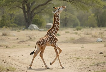 A young giraffe gracefully strides across a sandy African savanna path, its long neck held high.
