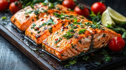 Delicious grilled salmon fillets on a cutting board topped with fresh herbs and spices, surrounded by cherry tomatoes and lemon wedges. A taste of gourmet cooking.