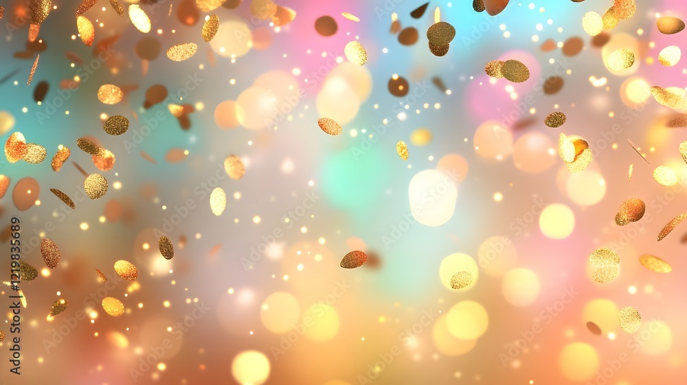 Poster sparkling celebration background with colorful bokeh effect and gold confetti falling in a bright an