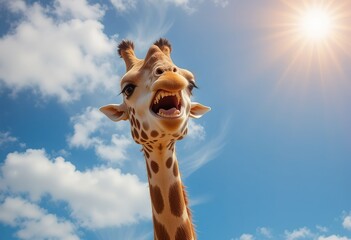 Naklejka premium A close-up image shows a giraffe's head and neck against a vibrant blue sky with fluffy clouds and bright sunshine; the giraffe appears to be yawning.