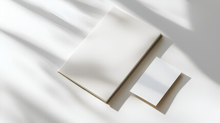 Blank notebook and card mockup on a white surface, illuminated by soft sunlight creating shadows.