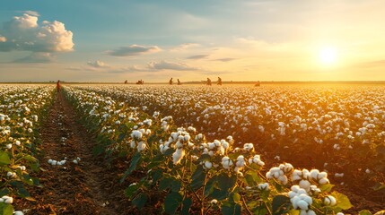 Serene Cotton Field at Sunset with Workers Harvesting Cotton Under a Warm Golden Sky and Soft Cloud Formations in Rural Landscape