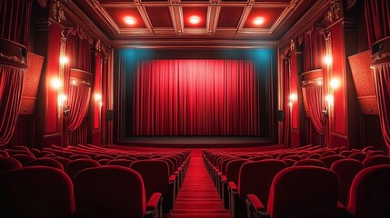 Fototapeta premium A traditional theater setting displays plush red chairs facing a stage adorned with deep red curtains, embodying drama, elegance, and theatrical tradition.