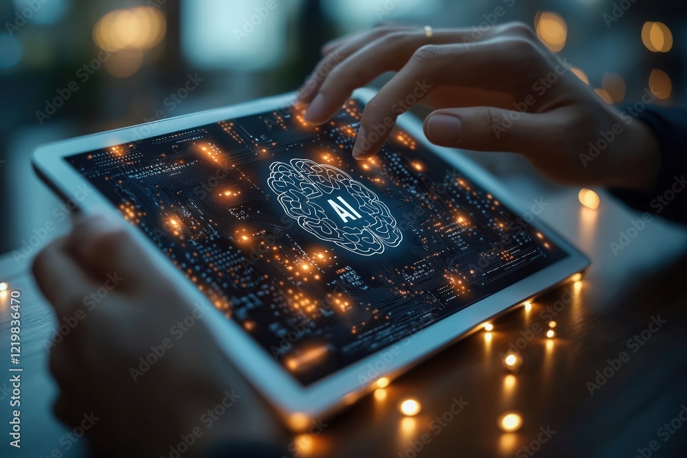 Poster person interacts with tablet displaying ai brain graphic on circuit board. tech concept ai engineeri