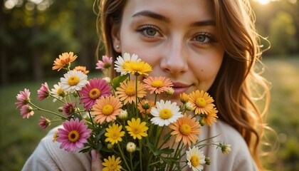 Naklejka premium Young woman smiling with a bouquet of colorful flowers in nature