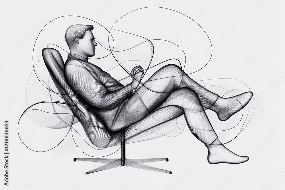 Poster a minimalist line drawing of a figure sitting on a chair, nervously tapping their foot, with abstrac