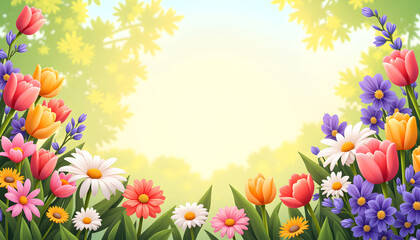 Obraz premium Colorful flower patch with blooming daisies and tulips