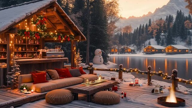 Cozy Winter Cafe Ambience with Snowfall, Bonfire, and Snowman ❄️☕ Lo-fi Music Looped animation
