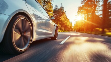 Fototapeta premium A sleek car speeds along a sunlit road bordered by trees on a bright day, symbolizing freedom, adventure, and the thrill of modern transportation on scenic route.