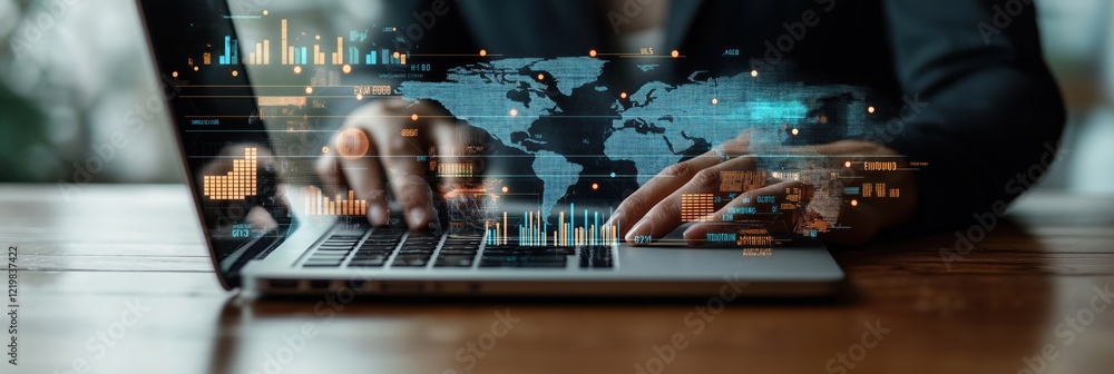 Poster businessperson analyzes data on laptop. global data trends visualized on screen. real-time analysis,