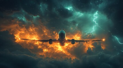 Two airplanes narrowly avoiding each other mid air as a thunderstorm rages