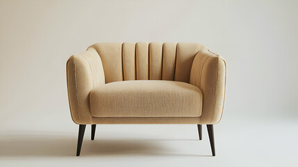 Beige armchair with channel tufting and dark legs, isolated on a light background. Modern, stylish and comfortable.