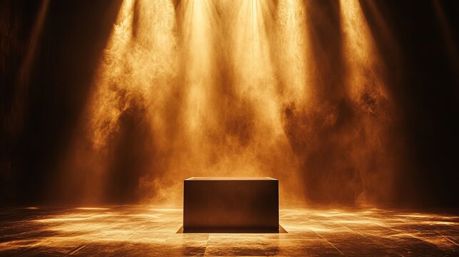 A mysterious monolithic shape bathed in dramatic golden spotlights, creating an enigmatic atmosphere and evoking curiosity in a theatrical setting.