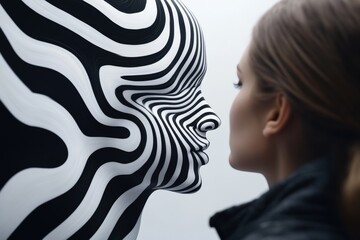 A person looking at an optical illusion on a wall, tilting their head back and forth as they try to make sense of the image