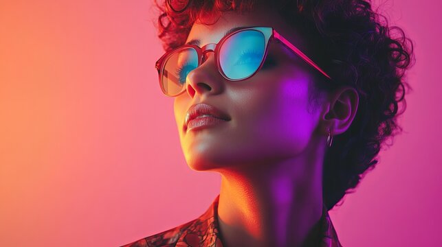 A fashionable individual wearing reflective sunglasses gazes upward, accentuated by a vibrant pink and orange gradient, expressing modernity and style.