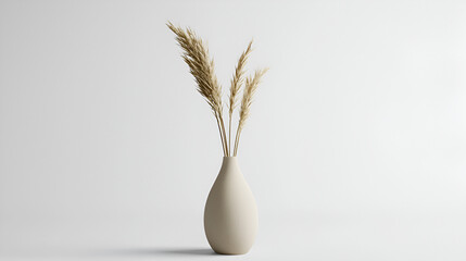 Dried flowers in a beige vase against a white background. Simple, elegant home decor.