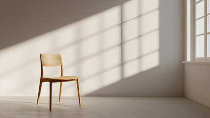 Simple wooden chair in a sunlit room. Minimalist interior design.