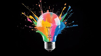 Colorful light bulb explodes with vibrant paint splashes against black background. Innovation, unique ideas burst forth in dynamic display. Abstract art piece creative energy, breakthrough thinking.