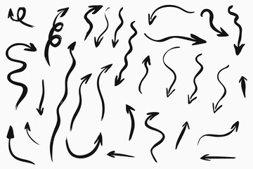 Grunge hand drawn vector arrows, freehand brush paint, isolated on white background.