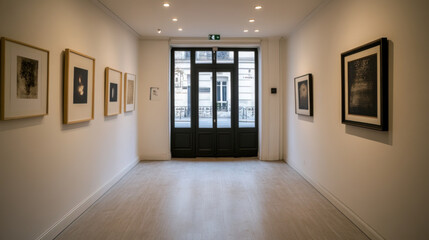 Fototapeta premium Small modern art gallery, with modern art and paintings on the walls. Bright,light and airy, door entrance to street