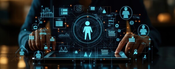 Person interacts with digital hr software. Recruitment tech streamlines candidate search. HR manager uses tech tools for personnel screening. Digital platform optimizes talent acquisition. Modern